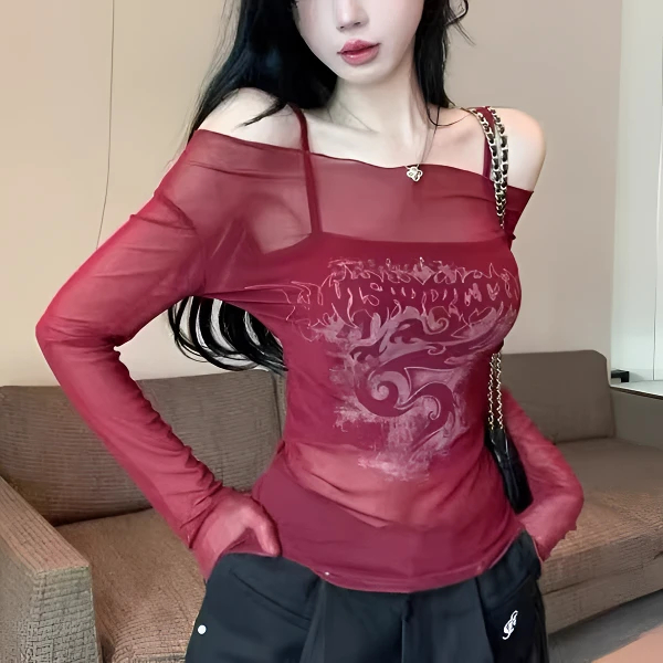 美式辣妹一字肩上衣长袖显瘦性感修身设计感