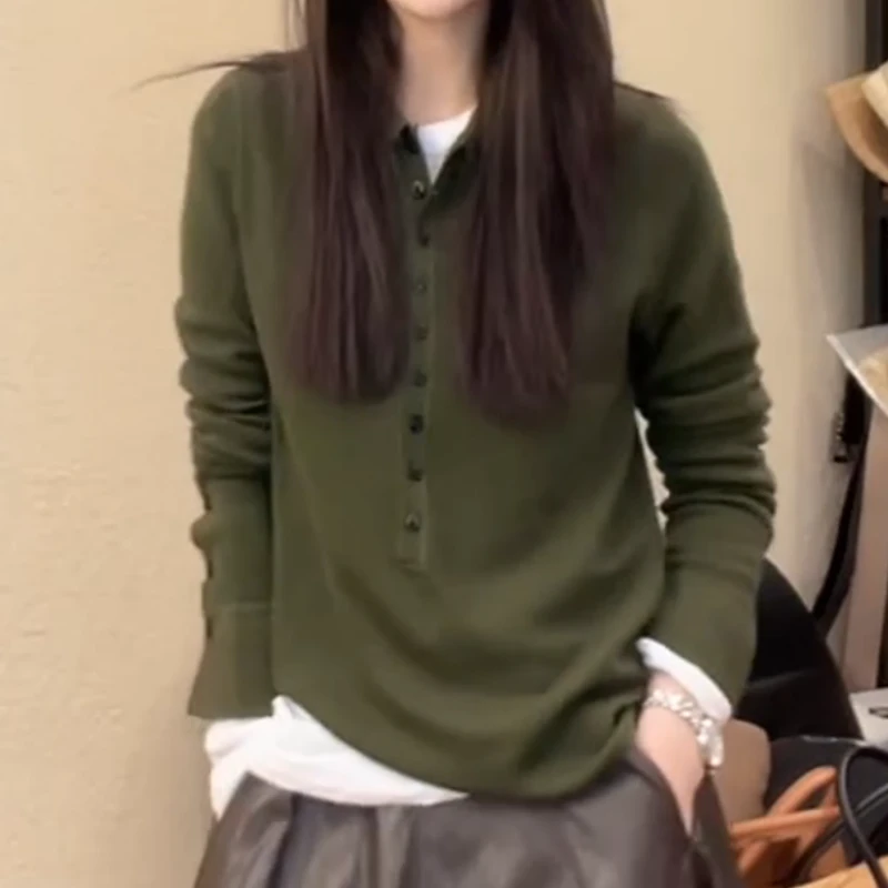 新款百搭翻领polo秋季针织长袖落肩打底衫LK2506989