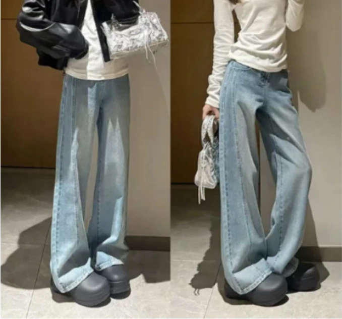 直筒裤牛仔裤春秋爆款梨形身材宽版弯刀牛仔裤女