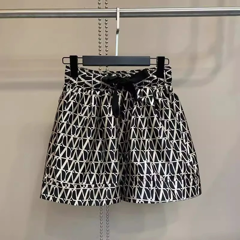 2025夏季新款女士独特印花短裤高腰显瘦百搭休闲裤宽松A字阔腿裤