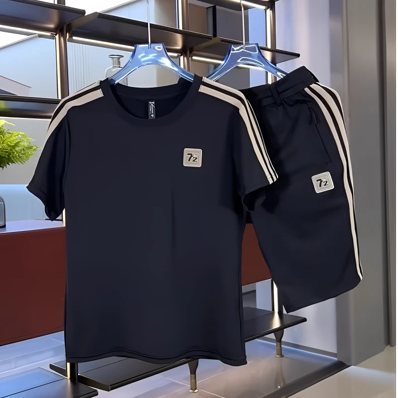 夏季男士冰丝运动新款休闲套装运动套装短袖短裤百搭两件套潮流男