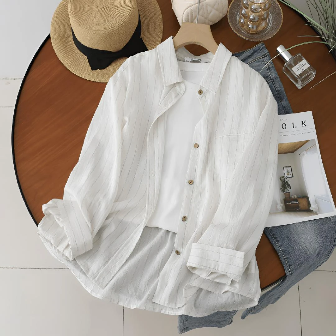 防晒条纹夏季宽松棉麻衬衫外搭宽松春夏可爱风
