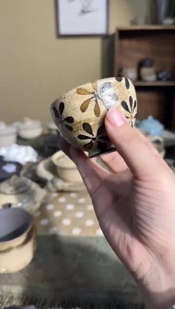 瓷片手作手绘磁州窑花纹杯