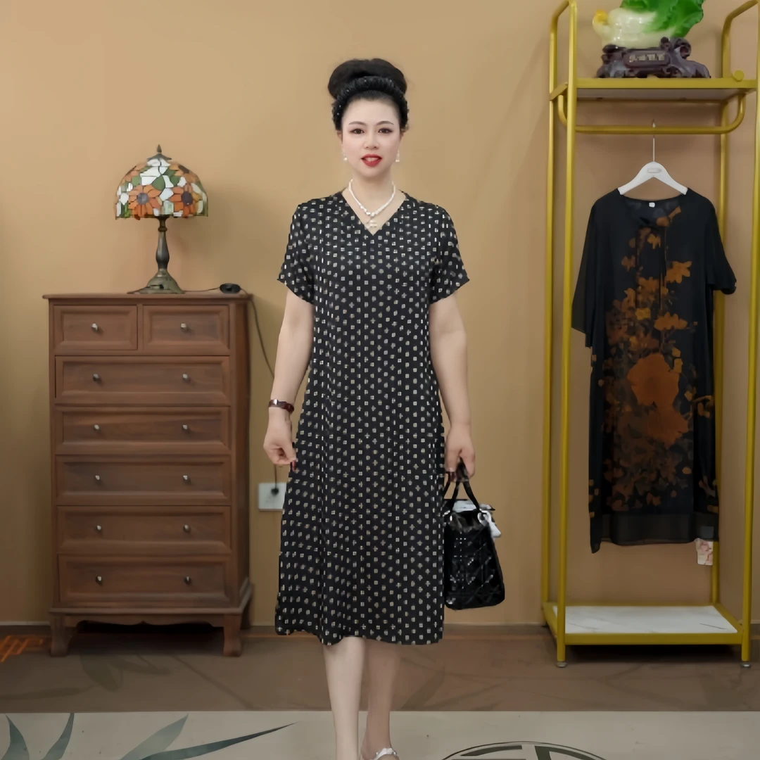 52162  经典V领波点夏季连衣裙优雅印花中长款