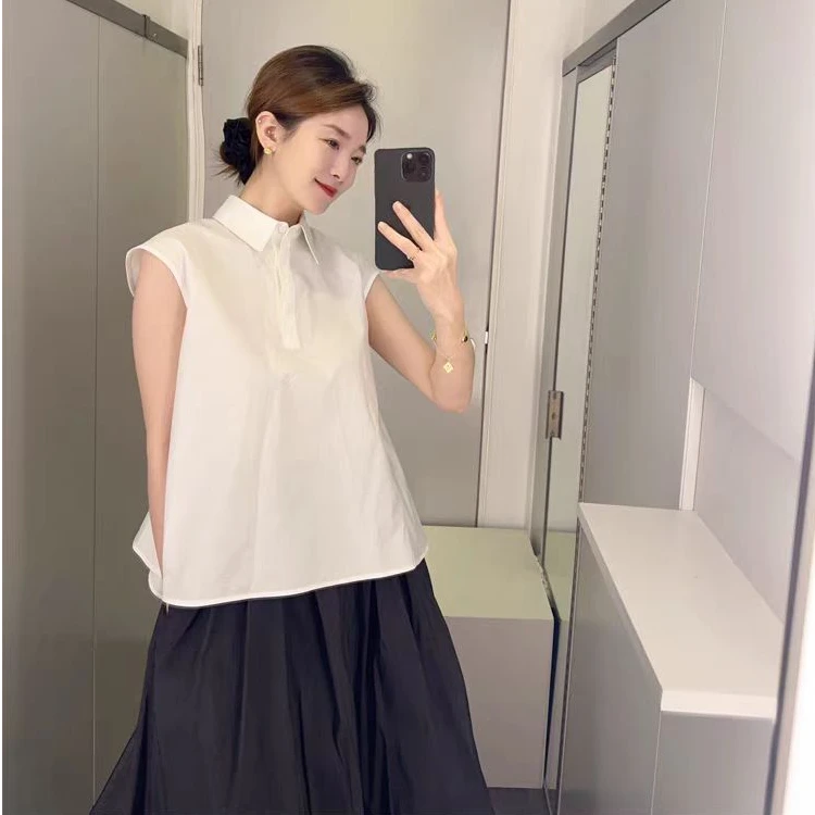 极简风翻领纽扣半开襟短裙式波浪宽摆无袖衬衫娃娃衫上衣30523