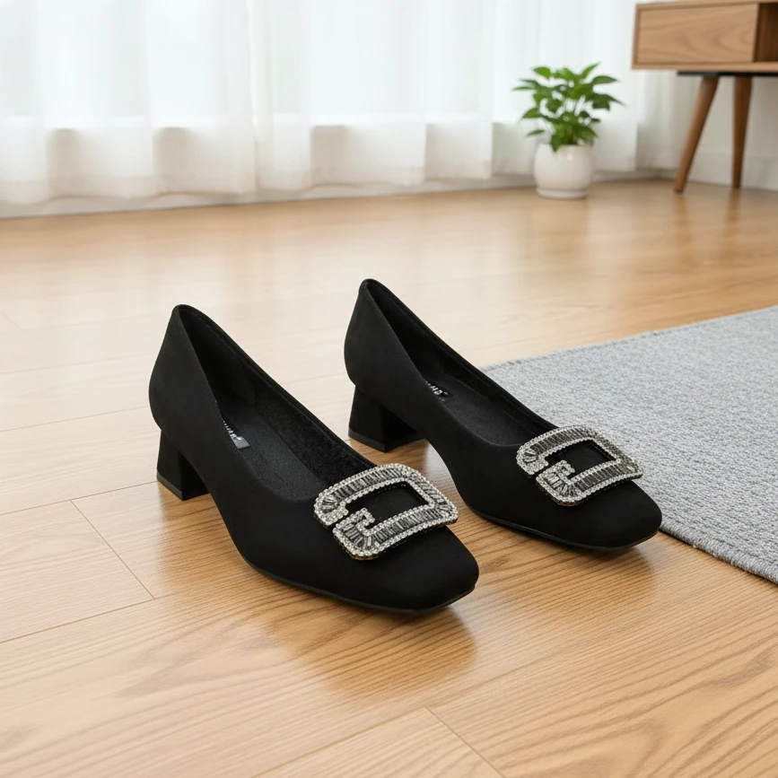 338-5黑色绒面法式单鞋2025气质方扣新款方头浅口水钻通勤女鞋