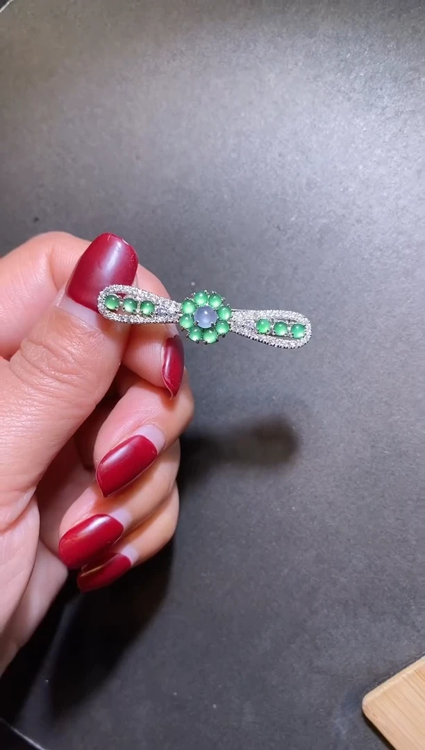 【闪购商品】翡翠挂件银S925镶嵌翡翠蛋面发卡