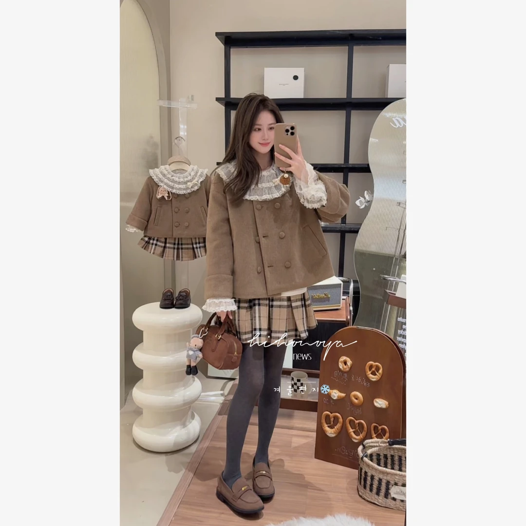 【熔岩可可】五Hihoniya~2025冬季亲子复古高级奶咖毛呢夹棉外套