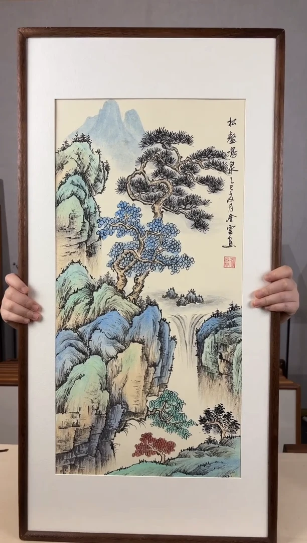 国画手绘*松鹤鸣泉*47*92cm带框发货