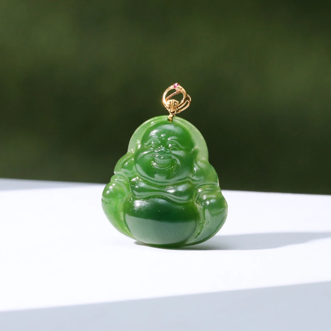 【意婵】《伊乐》（21*21）18K金天然和田玉碧玉精雕佛公吊坠-913408