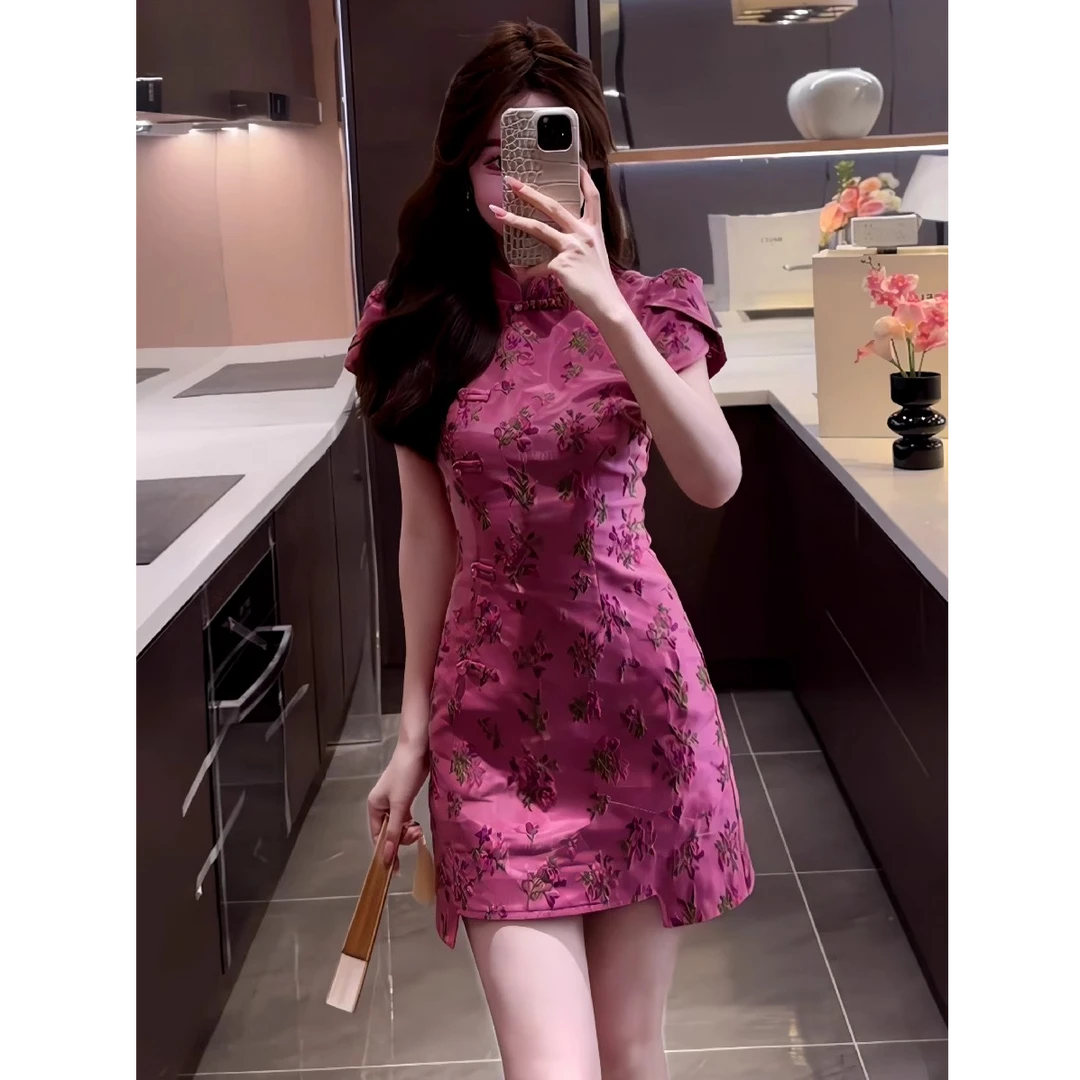 新中式国风绝美旗袍碎花连衣裙女夏季新款气质优雅盘扣收腰短裙子