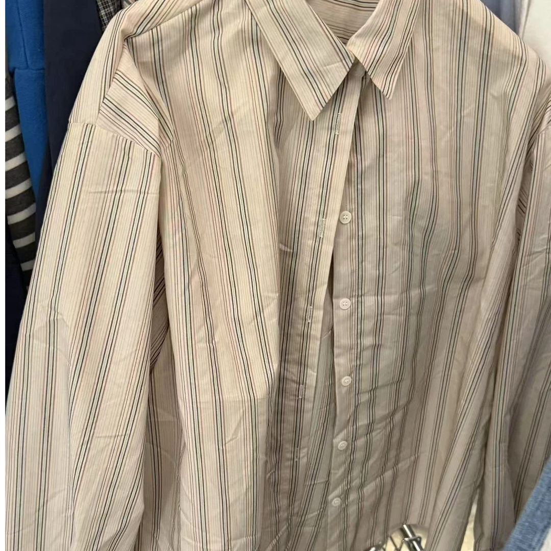 【NO退NO换】韩国东大门春款奶咖色竖条纹衬衣