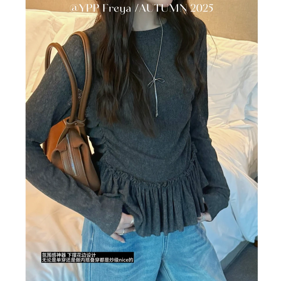 YPP！【小夜曲】秋季新款设计感花边褶皱裙摆简约显瘦长袖上衣