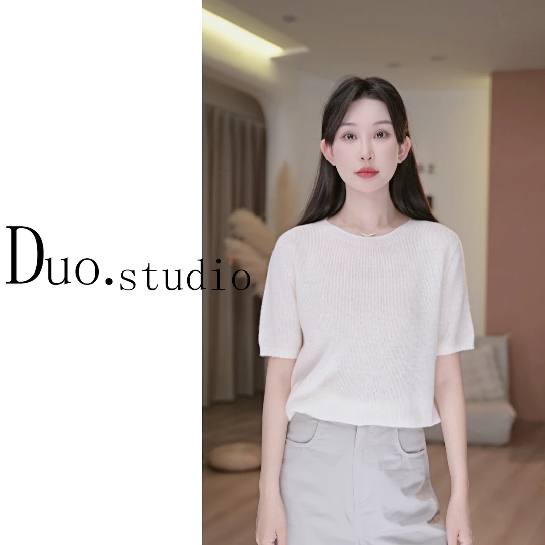 圆领百搭短袖针织羊毛混纺针织衫25001