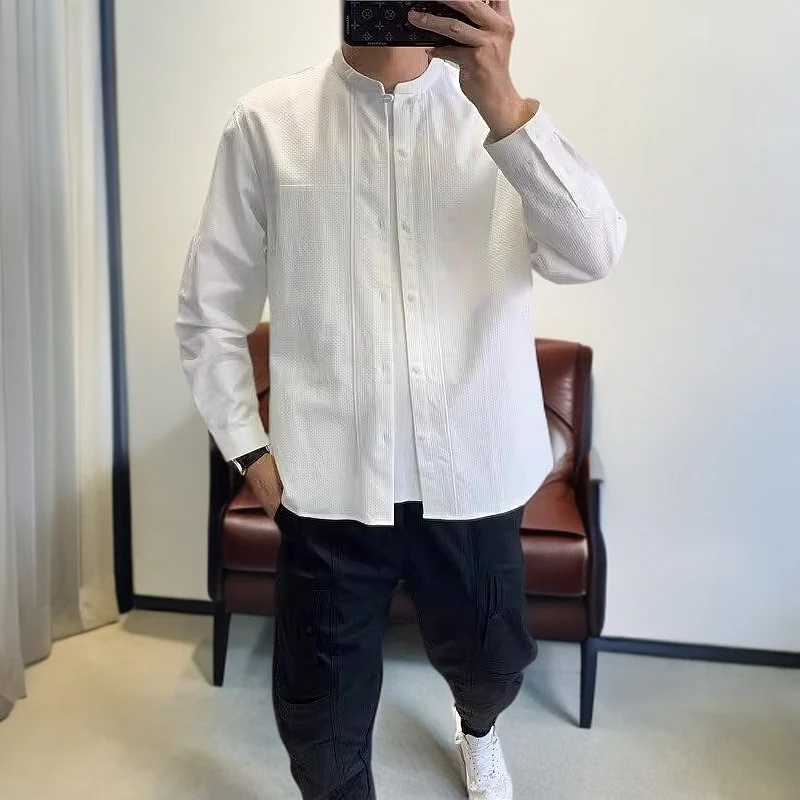 秋季复古白色长袖无领衬衫日系基础款叠穿cityboy无领衬衣DS