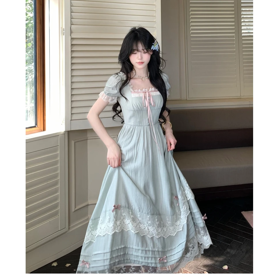 大码女装气质方领褶皱层次温柔风显瘦连衣裙公主长裙11521