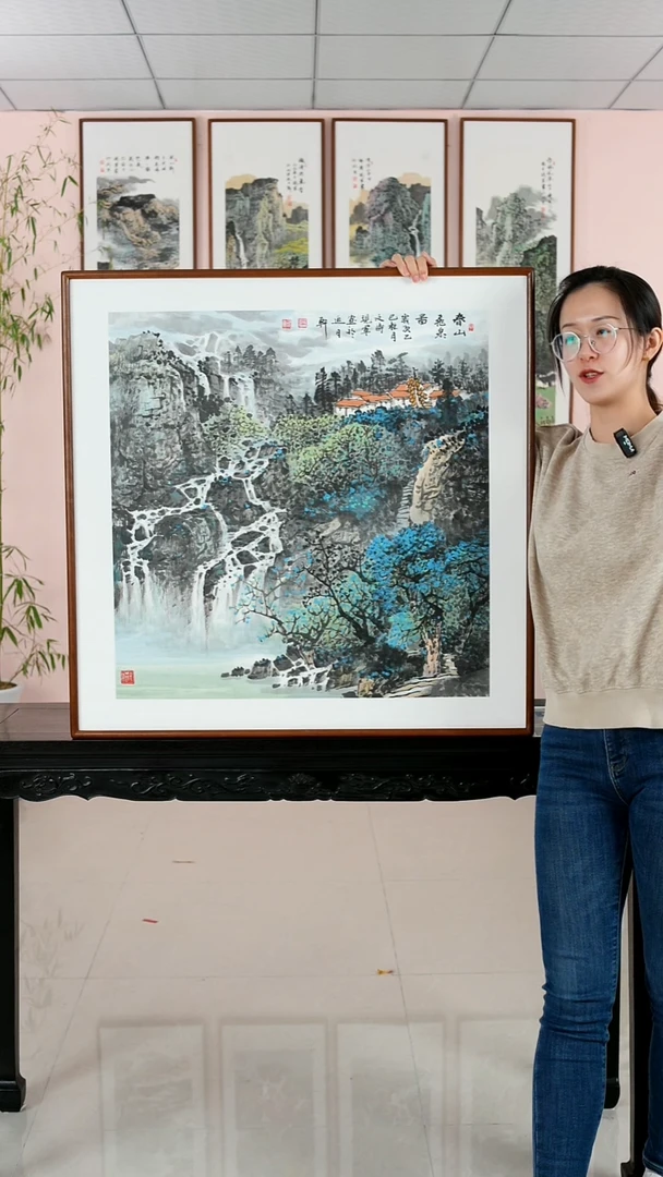 国画张现军《春山飞泉》手绘带框82*82厘米
