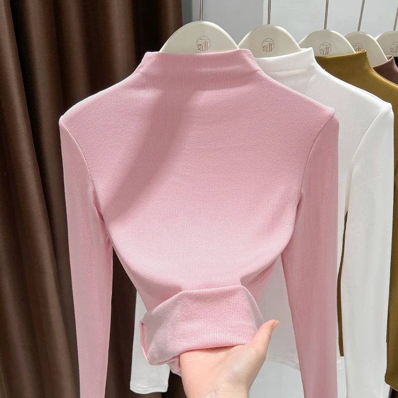 粉色少女风修身半高领打底衫女春季爆款软糯针织内搭薄款时尚上衣