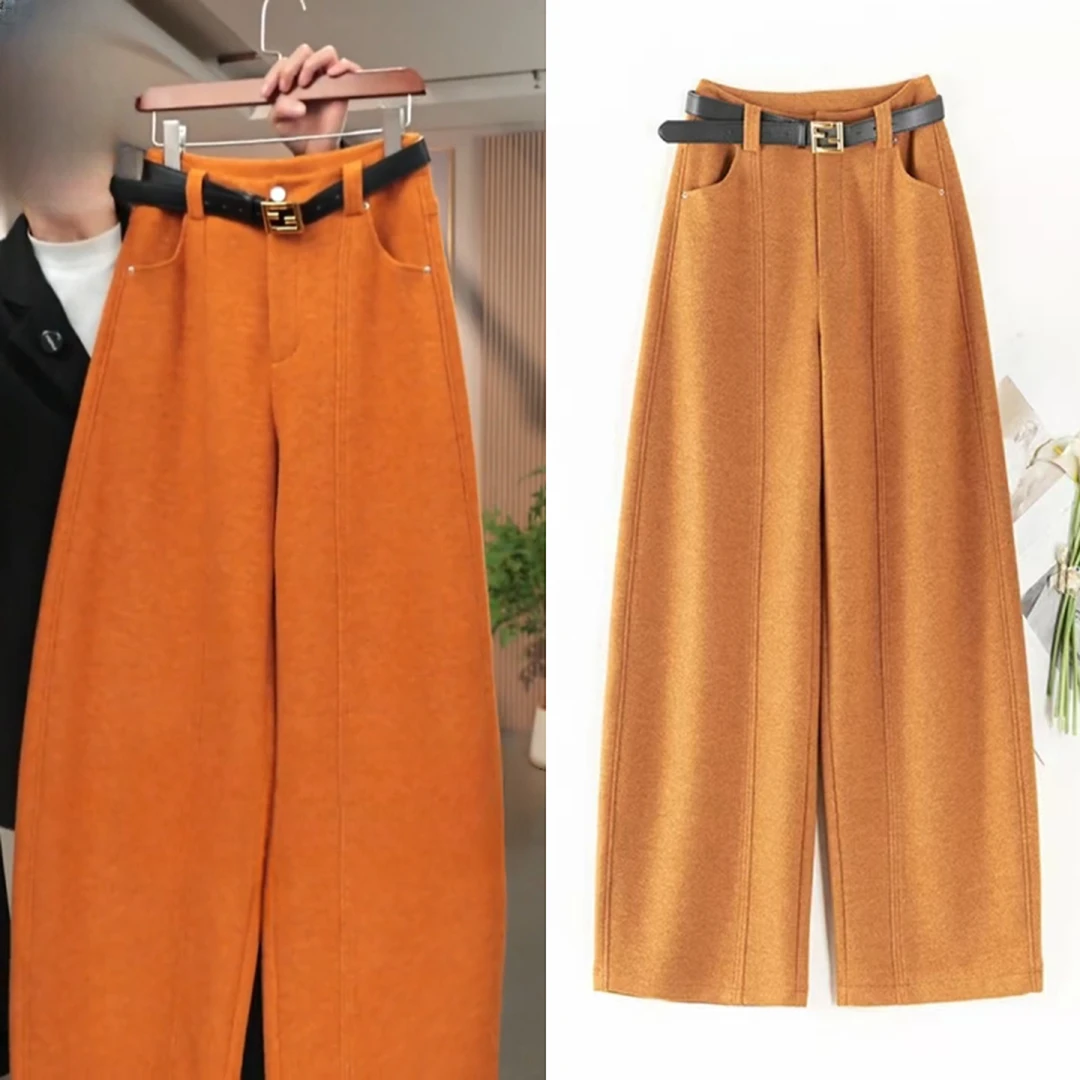 羊毛呢阔腿裤女加厚秋冬2025高腰显瘦垂感宽松保暖休闲直筒弯刀裤