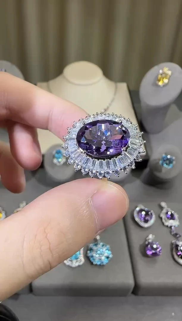 银S925镶嵌戒指紫晶10*14mm戒指豪镶设计款