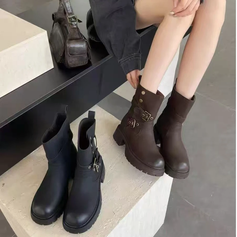 厚底时装靴女新款复古显瘦套筒马丁靴短靴002517-6（加绒）