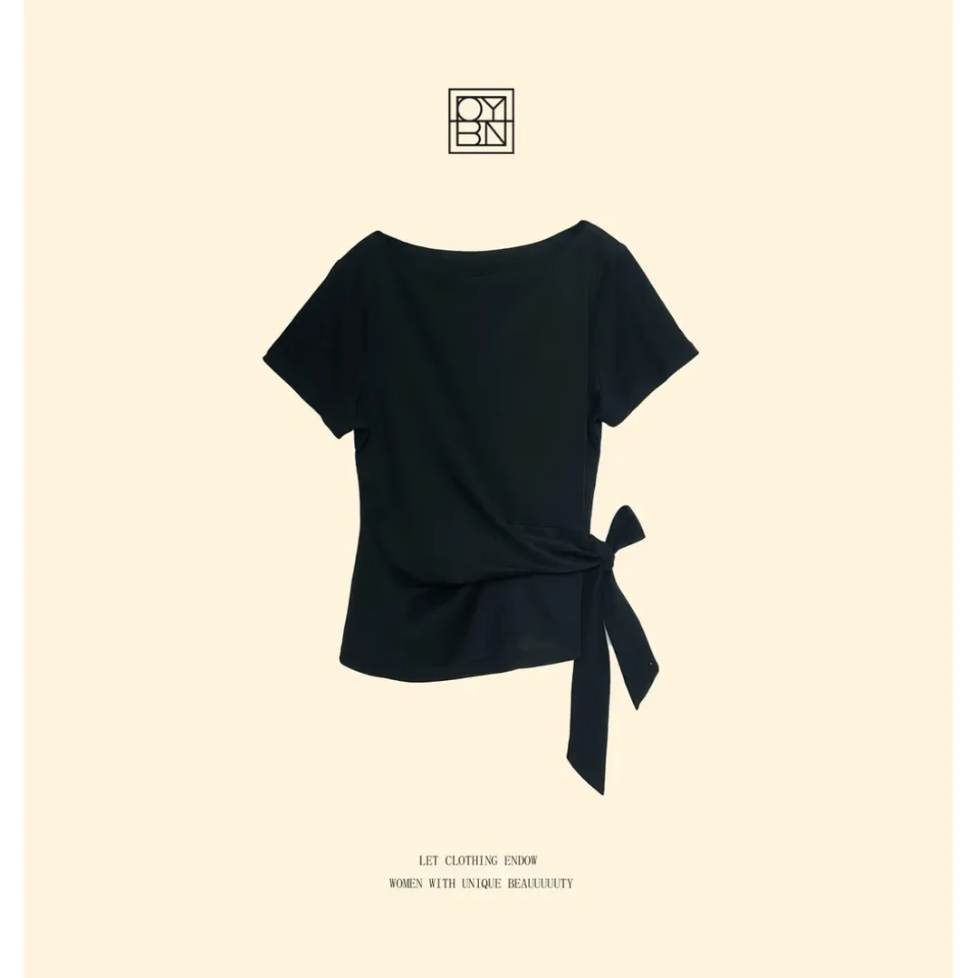 【西雅图】微胖大码设计感收腰系带短袖T恤气质显瘦时尚百搭上衣