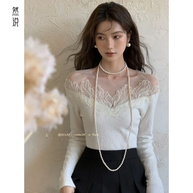 法式一字肩露肩网纱蕾丝独特别致绝美小上衣女秋冬毛衣内搭打底衫