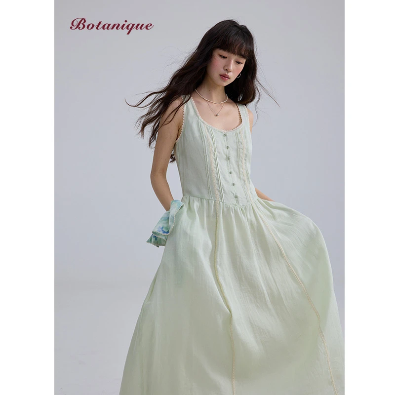 Botanique植物学柔雾粉/青柠绿100%苎麻蕾丝法式高腰花苞连衣裙