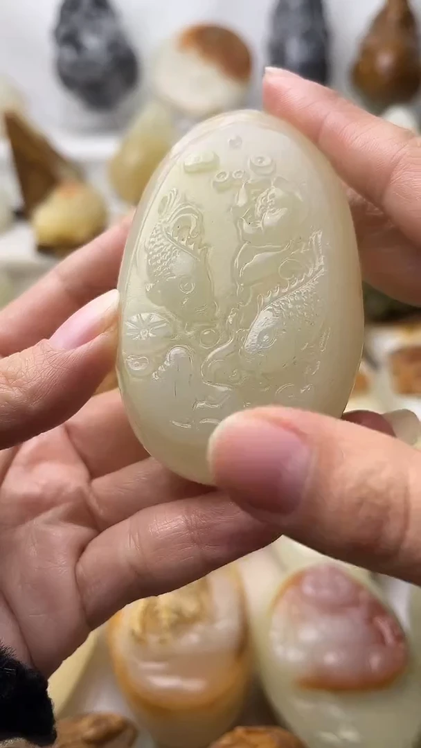 石材古青石棉纹正常不退换荷花鱼微瑕