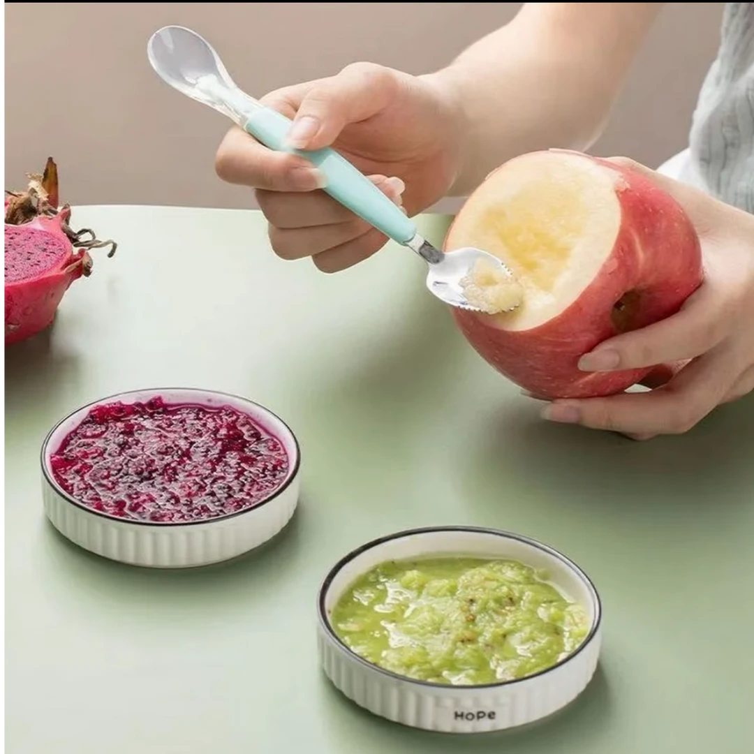 婴儿304刮泥勺儿童辅食硅胶软勺宝宝刮水果泥不锈钢勺子辅食餐具