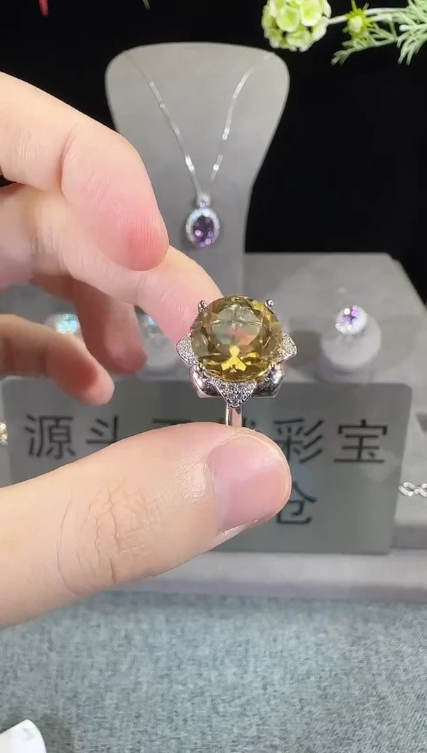 黄晶戒指银S925镶嵌12mm戒指