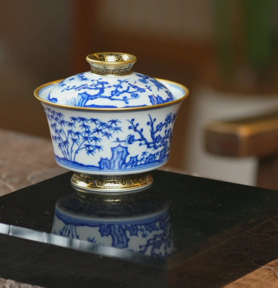 麟波阁丨景德镇手绘茶具岁寒三友马蹄盖碗-文人雅器