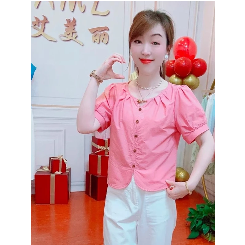 时尚圆领衬衫女2025夏季新款洋气显瘦减龄小众百搭休闲短袖上衣潮