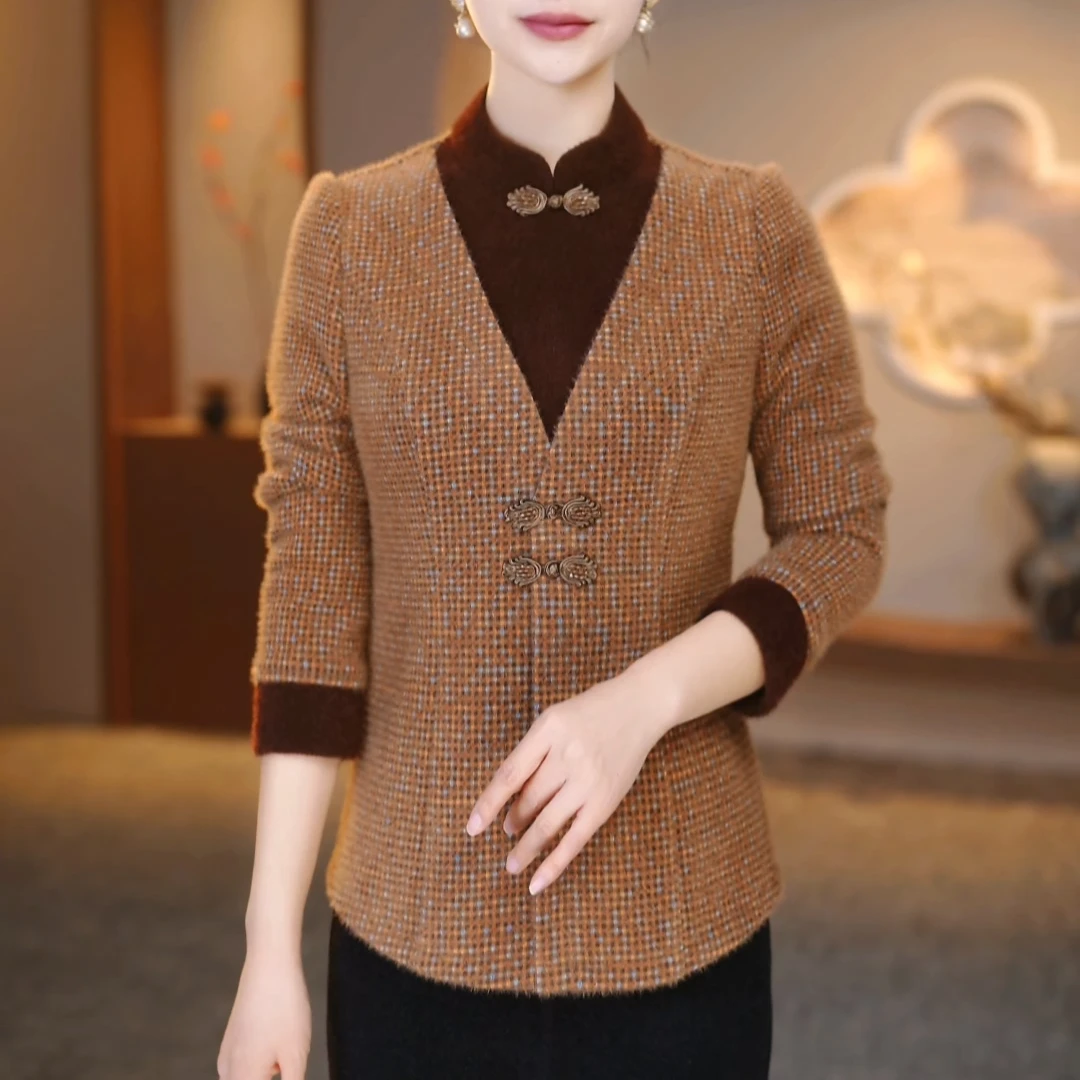 中年妈妈加厚打底衫两件套2025秋冬新款改良上衣+裤子XKL-25751