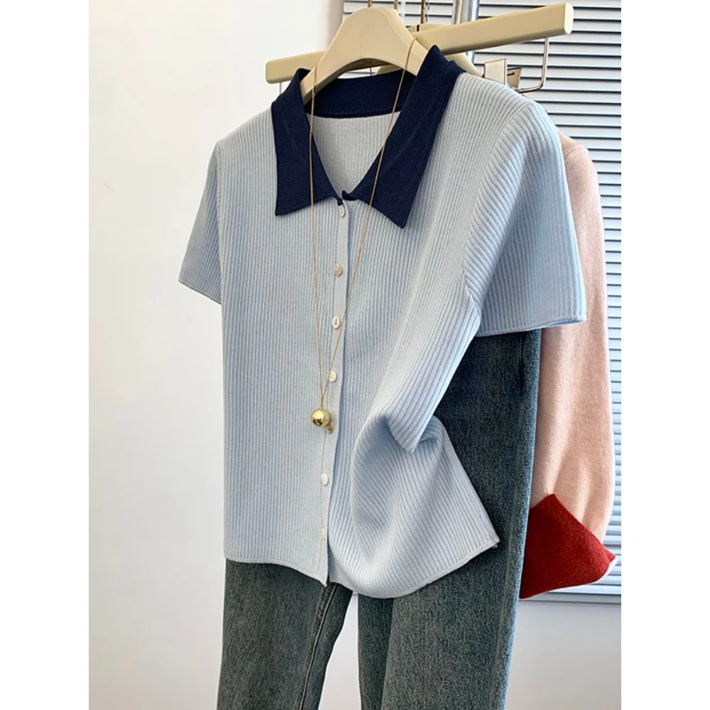 韩系撞色Polo领短袖针织衫女2025夏季款设计感学院风穿搭正肩上衣