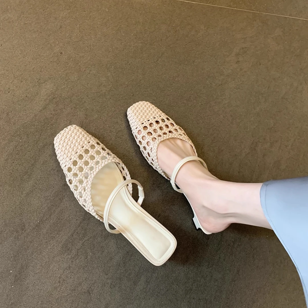 【Rm】小羊皮版~法式编织粗跟穆勒凉拖鞋女夏镂空透气半拖鞋高跟鞋