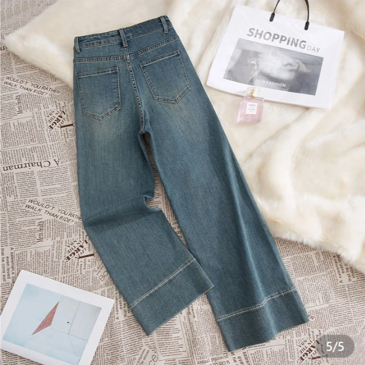 春夏新款宽松阔腿牛仔裤女小个子刺绣高腰显瘦九分裤奶奶裤