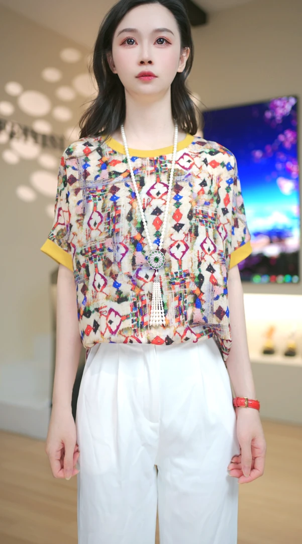 撞色圆领短袖衬衫2025年夏季新款多巴胺设计感松弛感百搭洋气上衣