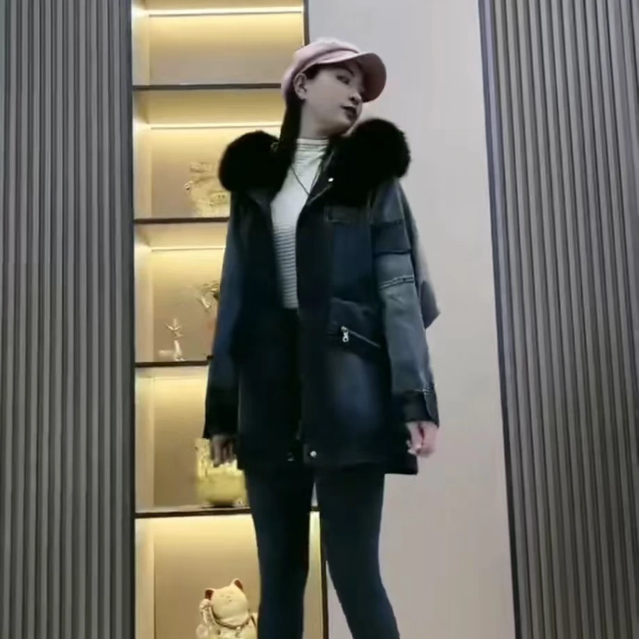 【飛鹰甄选】兔毛内胆牛仔时尚百搭外套休闲女士网红保暖女款连帽