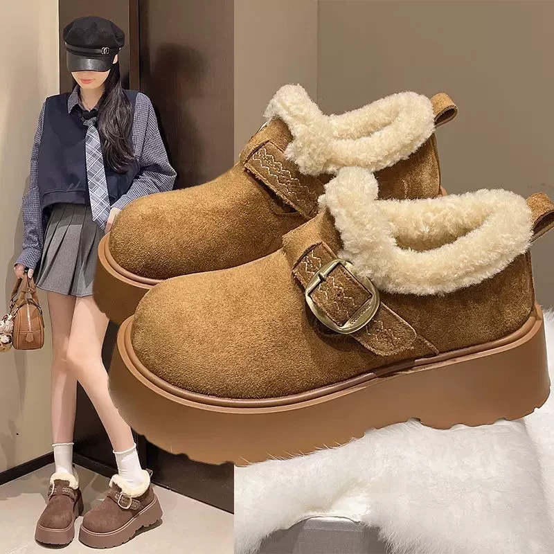松糕厚底增高勃肯鞋女加绒保暖毛毛棉鞋2025新款冬季乐福鞋D169