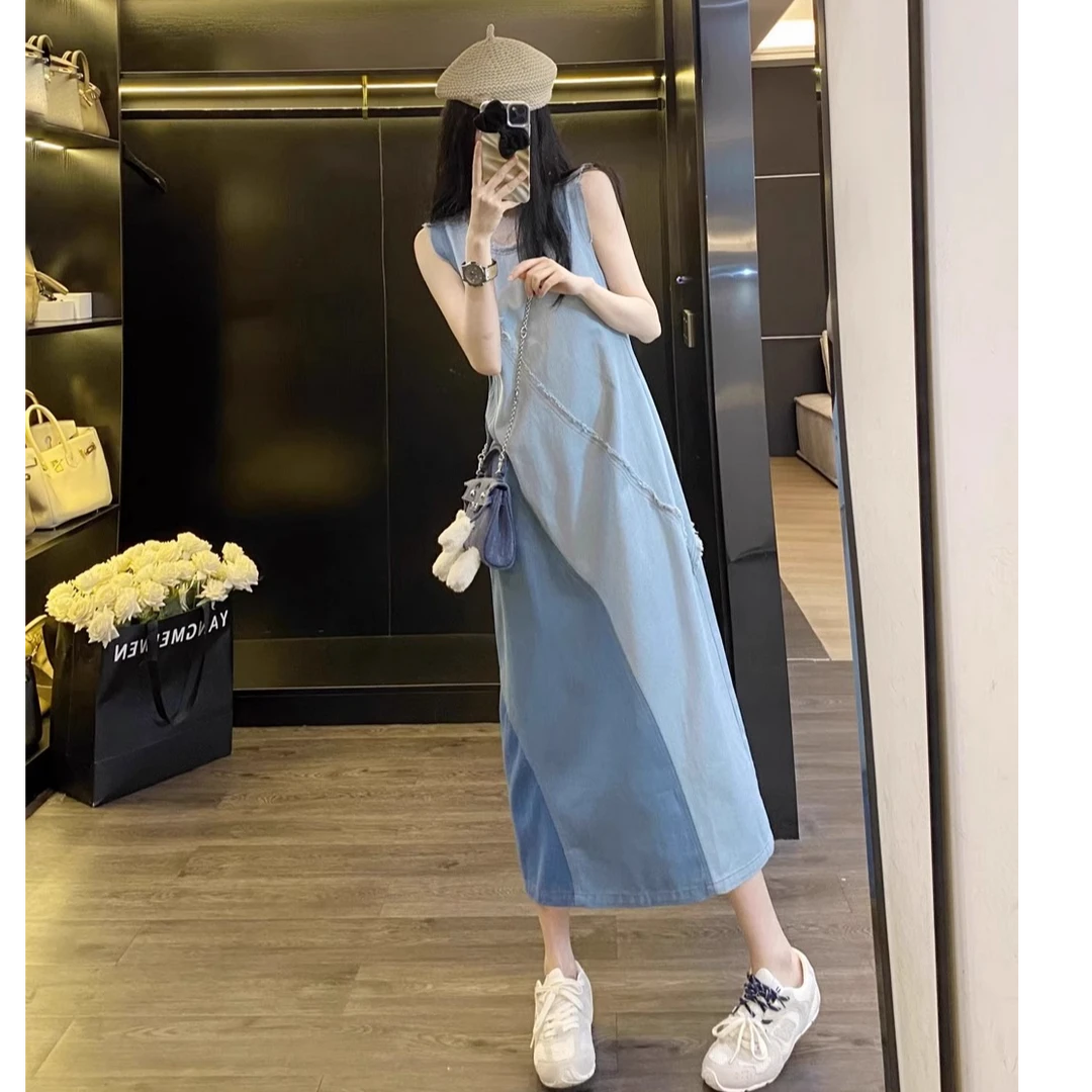 Leathercat吊带连衣裙女2025年新款夏季气质高级感牛仔拼接背心裙
