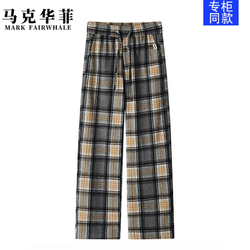 马克华菲新款慵懒风480g重磅大码毛呢撞色格子休闲裤男