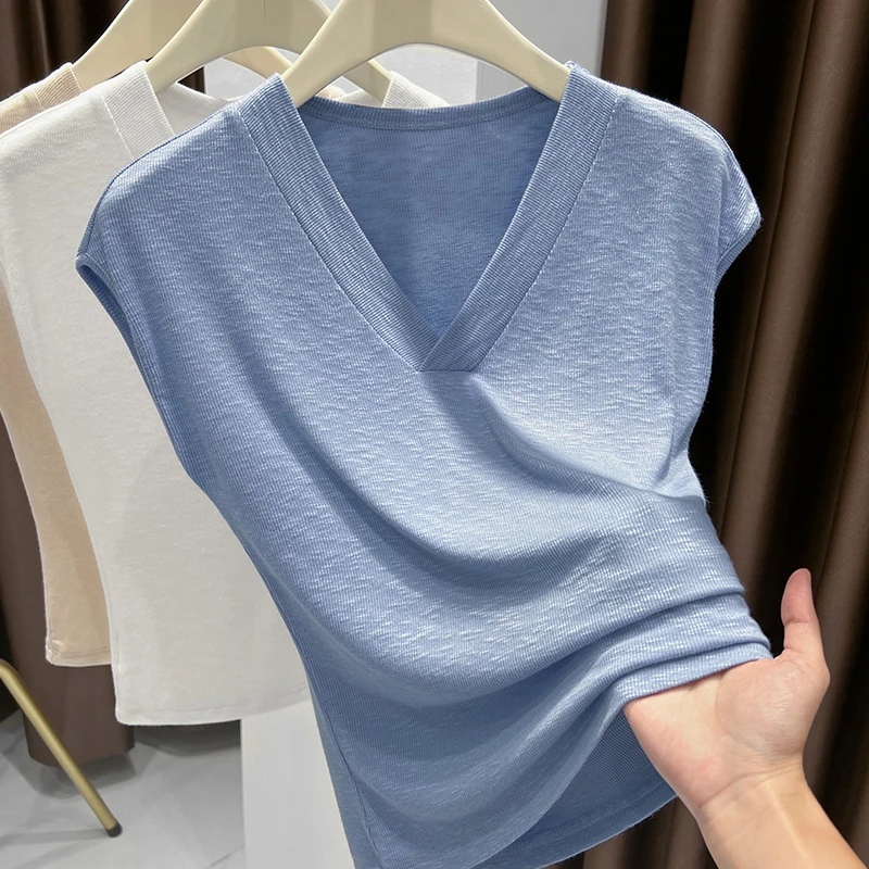 设计感蓝色薄款软糯针织V领无袖背心女夏季爆款飞飞袖修身T恤上衣