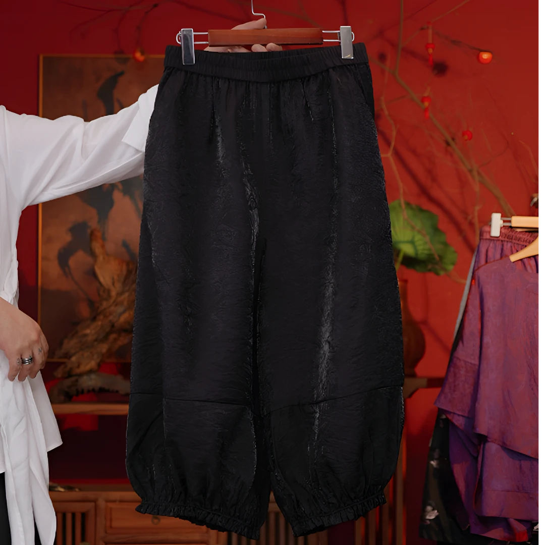 【芳菲入梦】BF33174黑色花萝纹浮光锦新中式轻奢七分裤