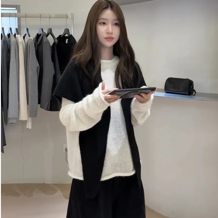 秋季2025年新款韩版休闲简约松弛慵懒感针织披肩上衣阔腿裤三件套