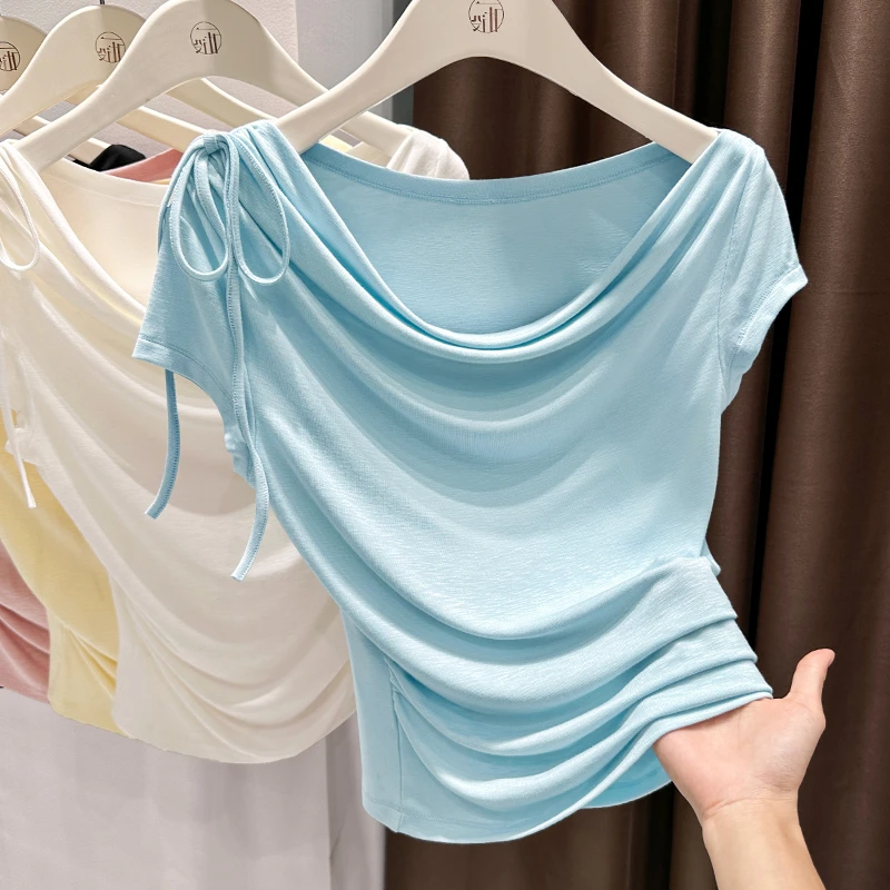 韩系蓝色针织无袖t恤女夏季新款荡领露锁骨上衣薄款修身打底衫