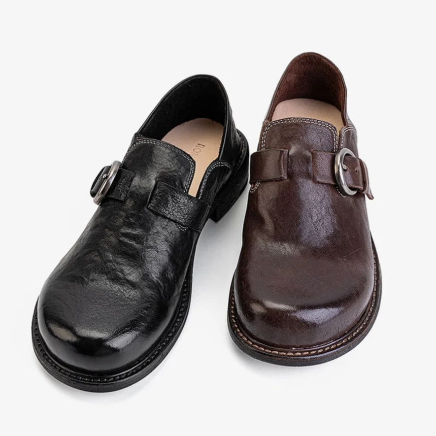 烟斗铭品 水洗马皮复古百搭圆头乐福鞋女时尚百搭扣小皮鞋918-1