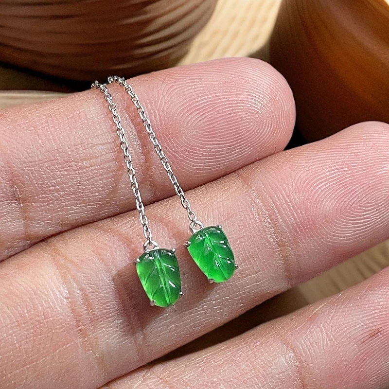 18K金天然翡翠A货-叶子耳线耳坠耳饰K白980镶嵌珠宝玉石满绿