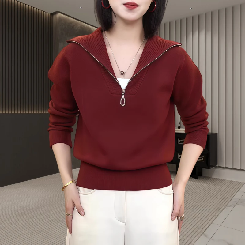 早秋季爆款时髦气质半拉链翻领正肩毛衣女时尚高级感休闲针织衫潮