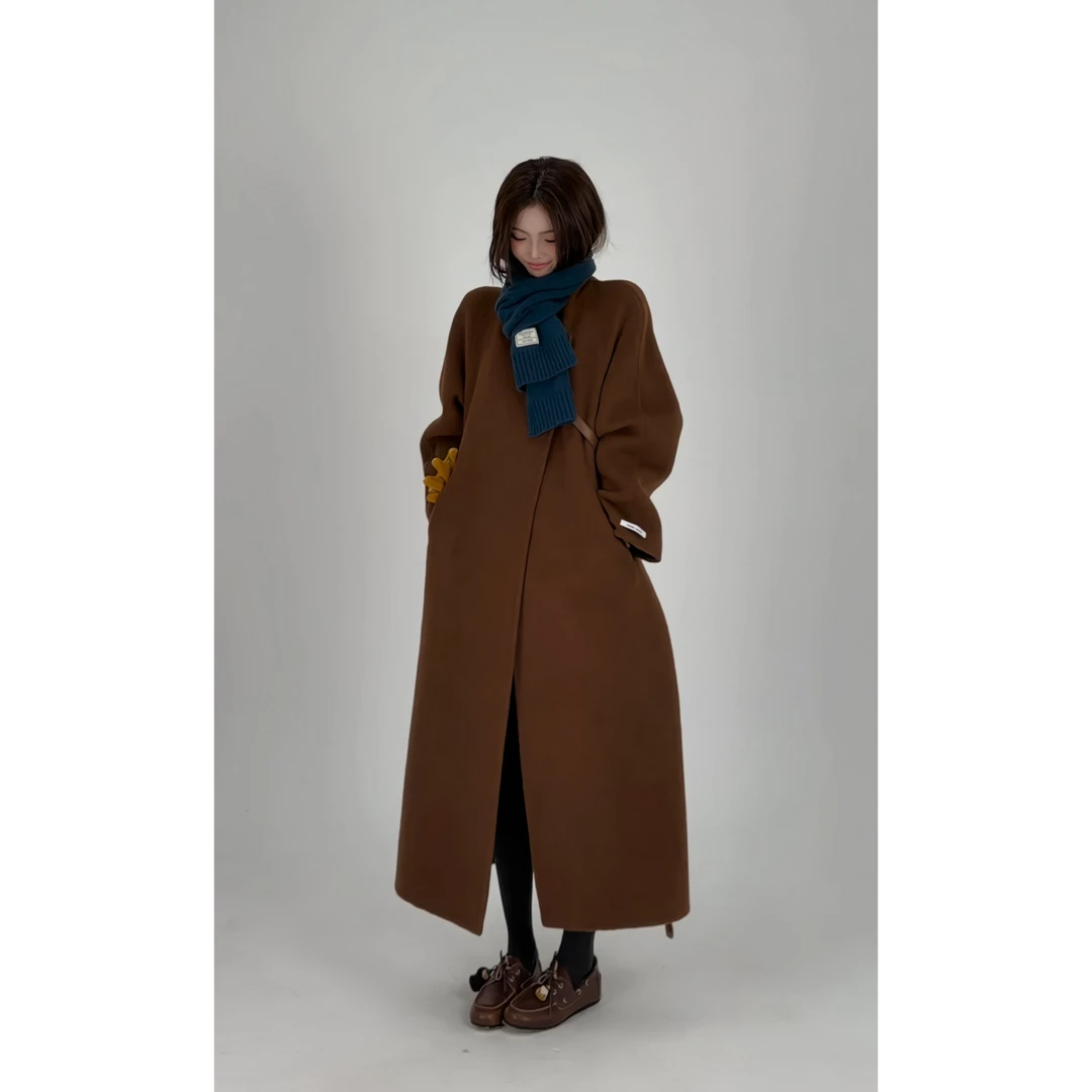 《羊毛+羊驼+天丝》慵懒风时尚中长款双面呢大衣女冬新款百搭2576